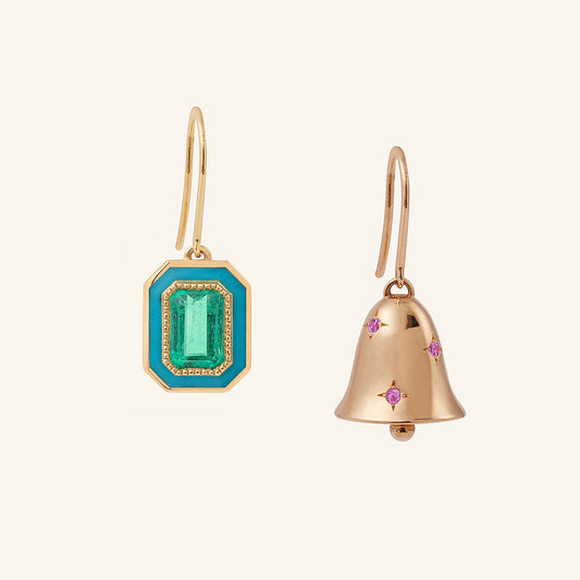 Pendant d’oreille Art déco, or jaune, émeraude et laque turquoise