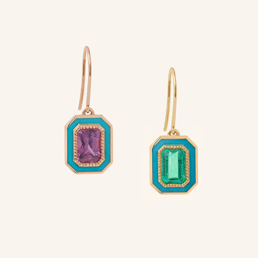 Pendant d’oreille Art déco, or rose, saphir rose et laque turquoise
