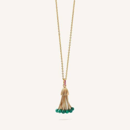 Pendentif Polpo, or jaune, perles de malachites et saphirs roses
