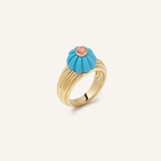 Bague/chevalière Gelato, or jaune, turquoise et tourmaline rose