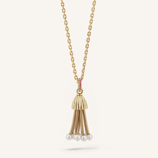 Pendentif Polpo, or jaune, perles blanches et saphirs oranges et roses