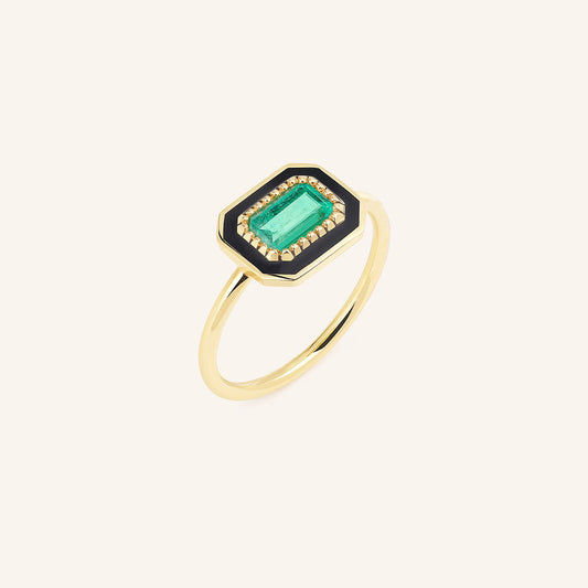 Bague Art-déco XS, or jaune, émeraude et laque noire