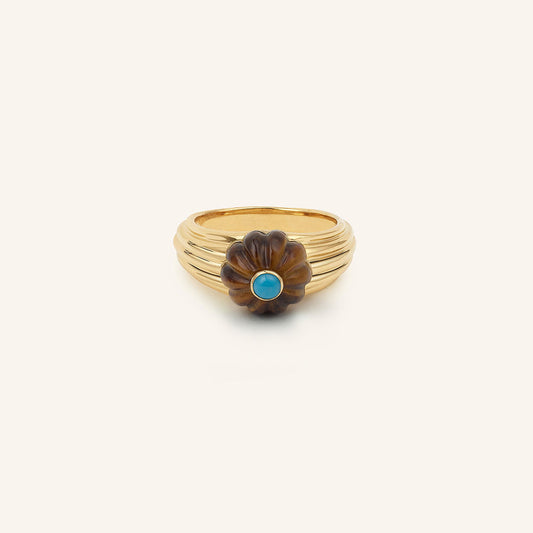 Bague/chevalière Gelato, or jaune, oeil de tigre et turquoise - View 2