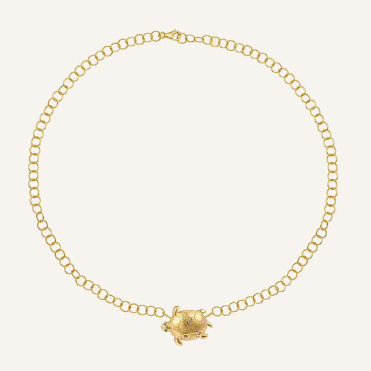 Collier Donatello or jaune, saphirs rainbow et tsavorites