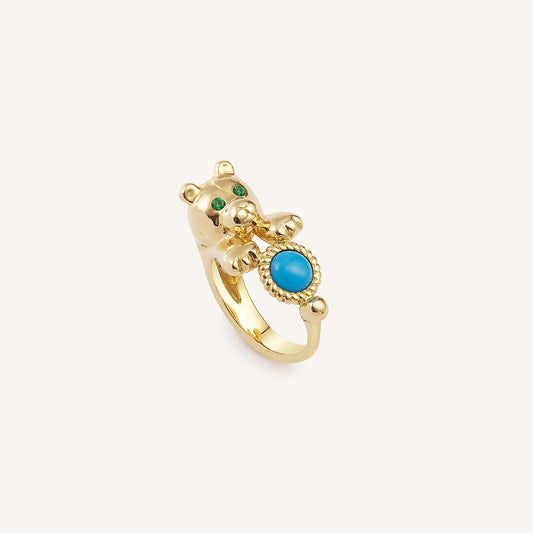 Chevalière Orso l’ourson or jaune, tsavorites et turquoise