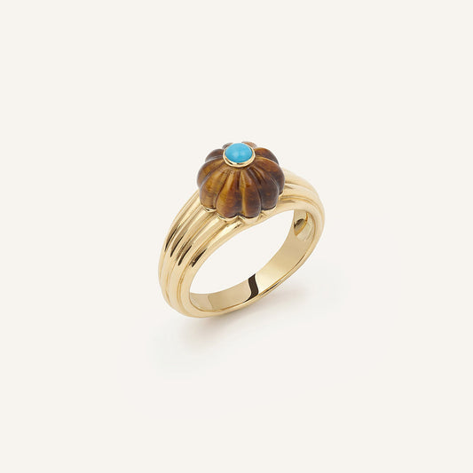 Bague/chevalière Gelato, or jaune, oeil de tigre et turquoise