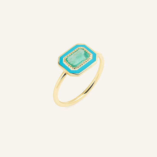 Bague Art-déco XS, or jaune, émeraude et laque turquoise