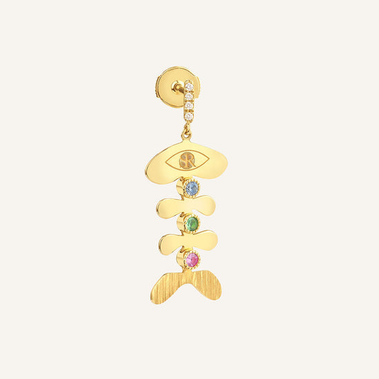 Pendant d’oreille Othello, or jaune, diamants et saphirs rainbow