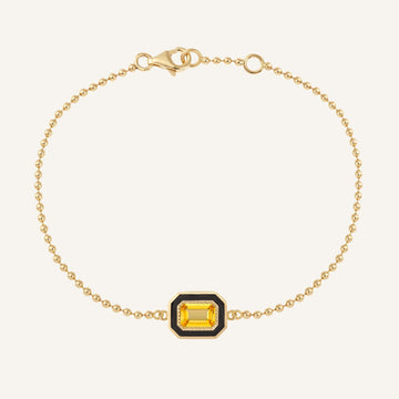 Bracelet Art déco, chaine military, or jaune, saphir jaune et laque noire