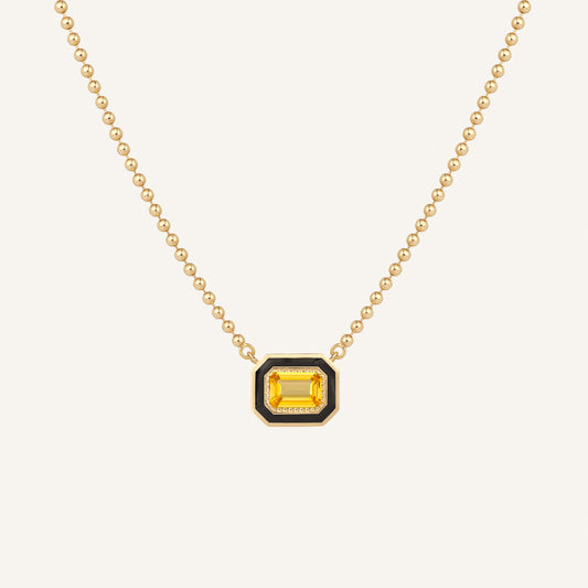 Collier Art déco, chaine military, or jaune,  saphir jaune et laque noire
